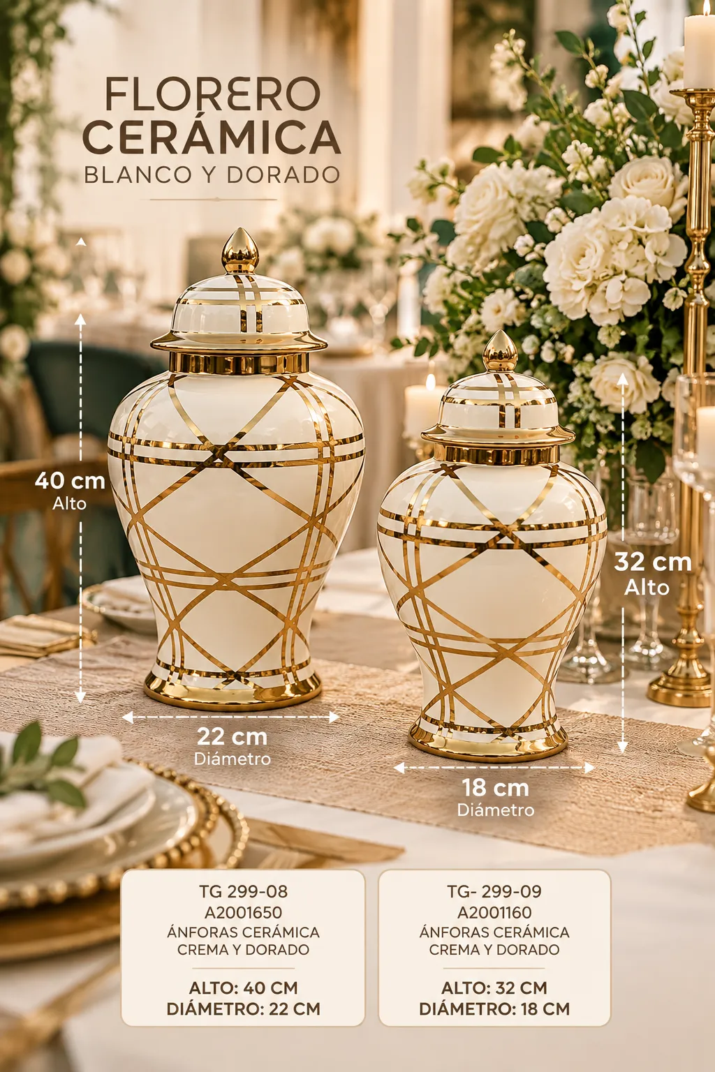 SET DE FLORERO CERAMICA BLANCO Y DORADO - imagen 3