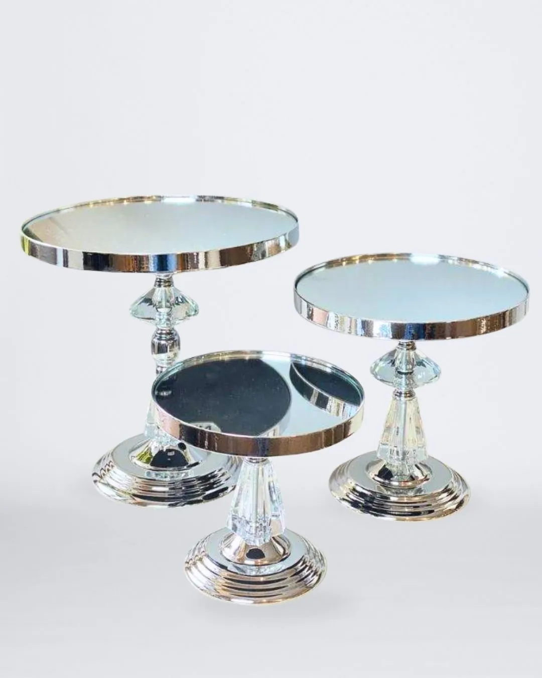 SET X3 BASE FORMA DE CRISTAL PARA PASTELES PLATEADA DE METAL CON ESPEJO