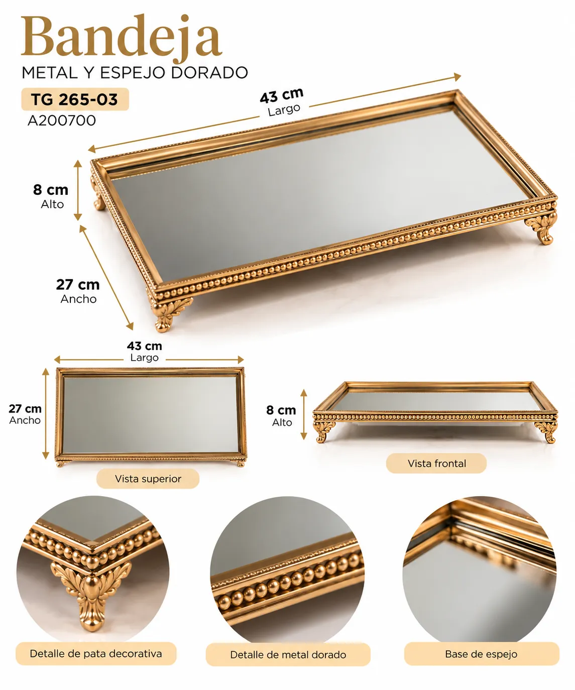 BANDEJA METAL Y ESPEJO DORADO TG 265-03 - imagen 3