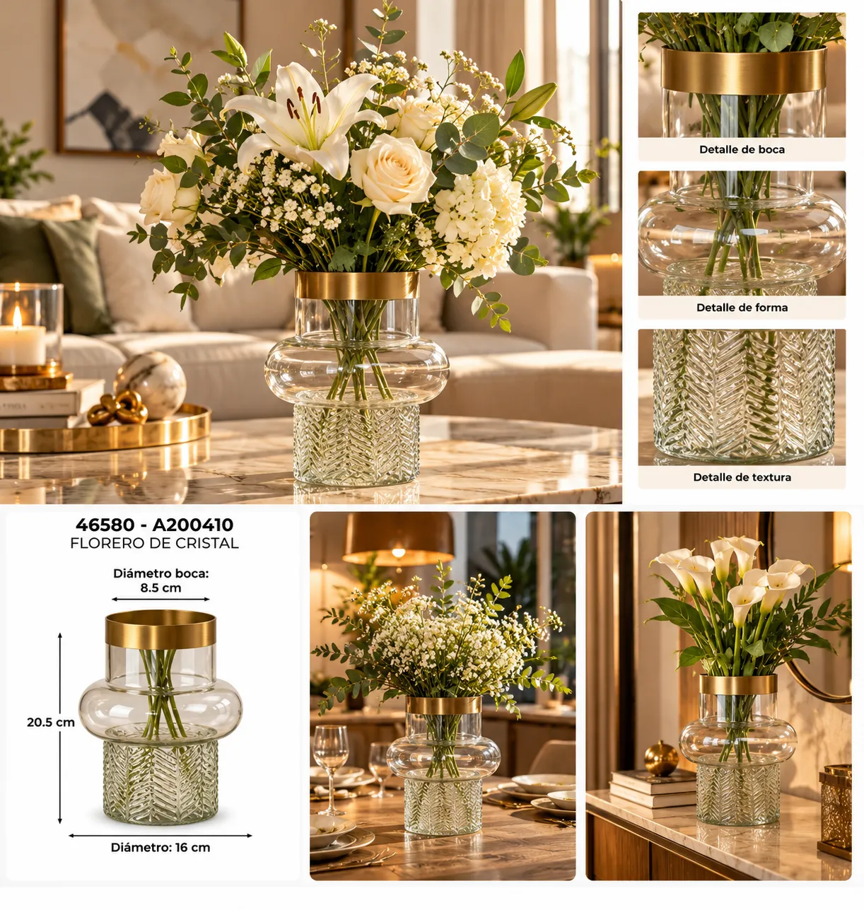 FLORERO DE CRISTAL CON RELIEVE Y DETALLADE DORADO - imagen 2