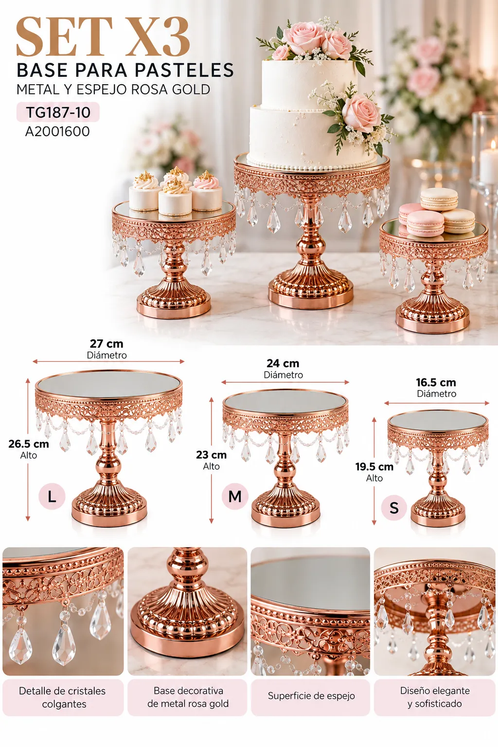 SET DE 3 BASES PARA PASTEL METAL Y ESPEJO