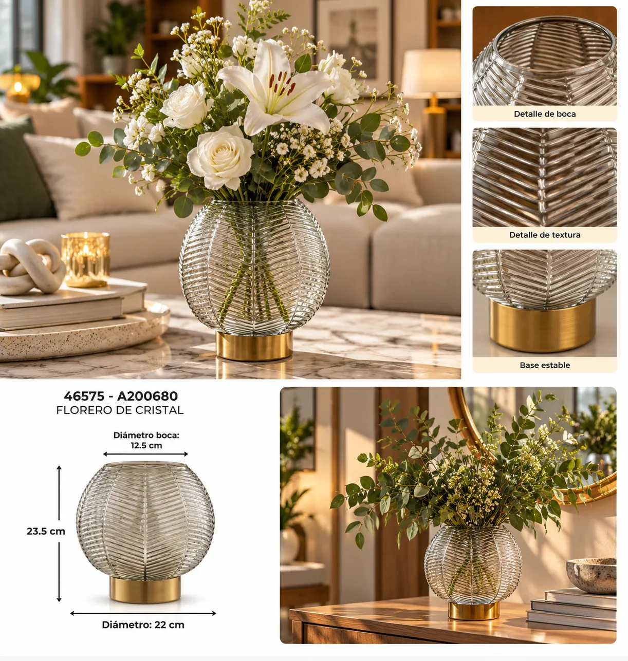 FLORERO DE CRISTAL ACANALADO CON BASE DORADA