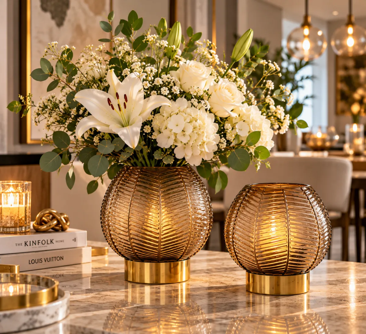 FLORERO DE CRISTAL ACANALADO CON BASE DORADA