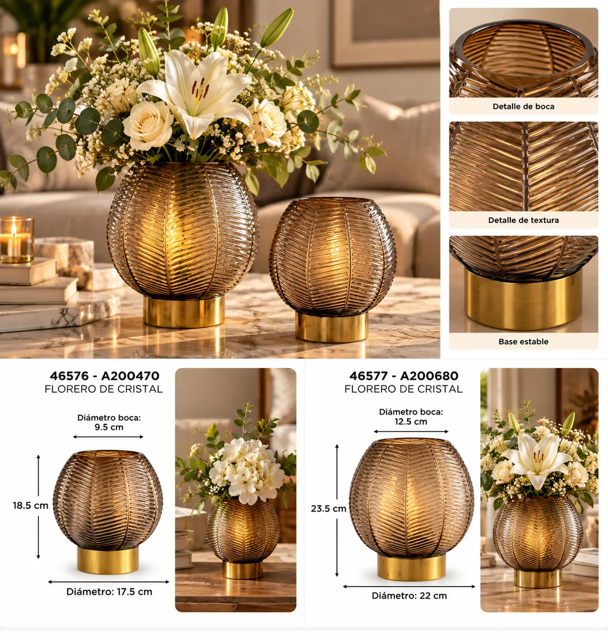 FLORERO DE CRISTAL ACANALADO CON BASE DORADA