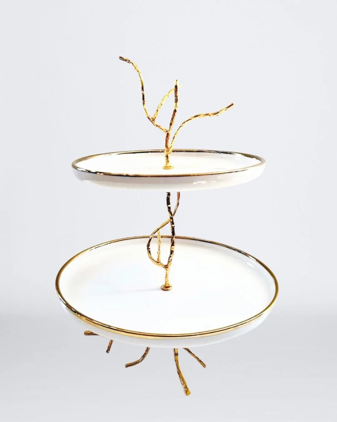 TORTERA DECORATIVA CERÁMICA PORCELANIZADA BASE METÁLICA 2 PISOS