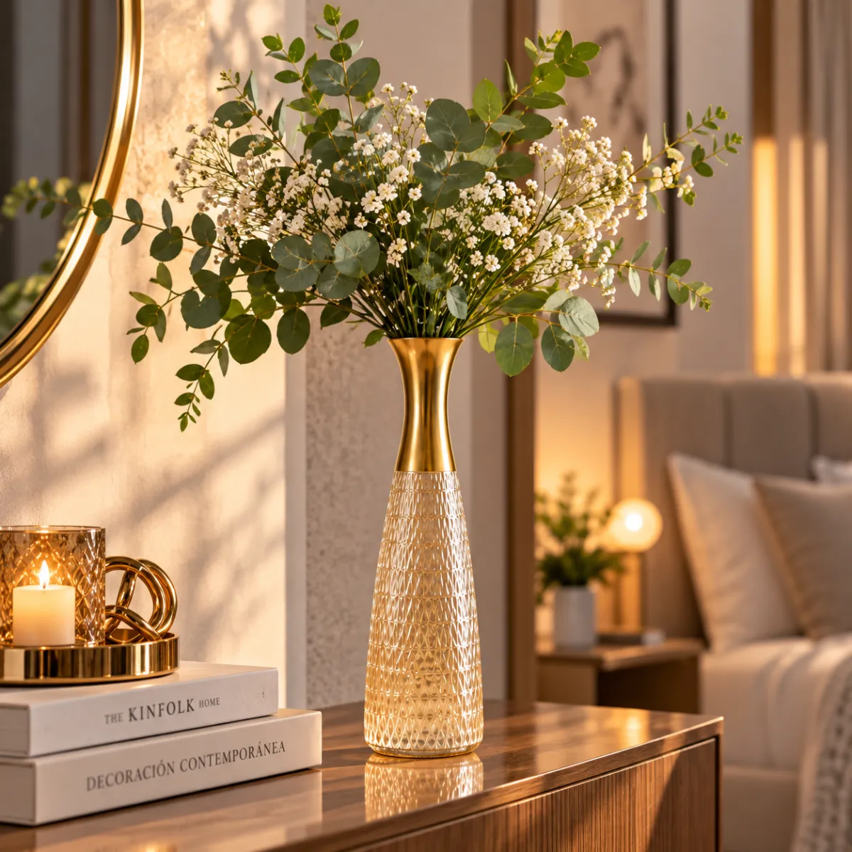 FLORERO DE CRISTAL ALTO CON CUELLO DORADO - imagen 4