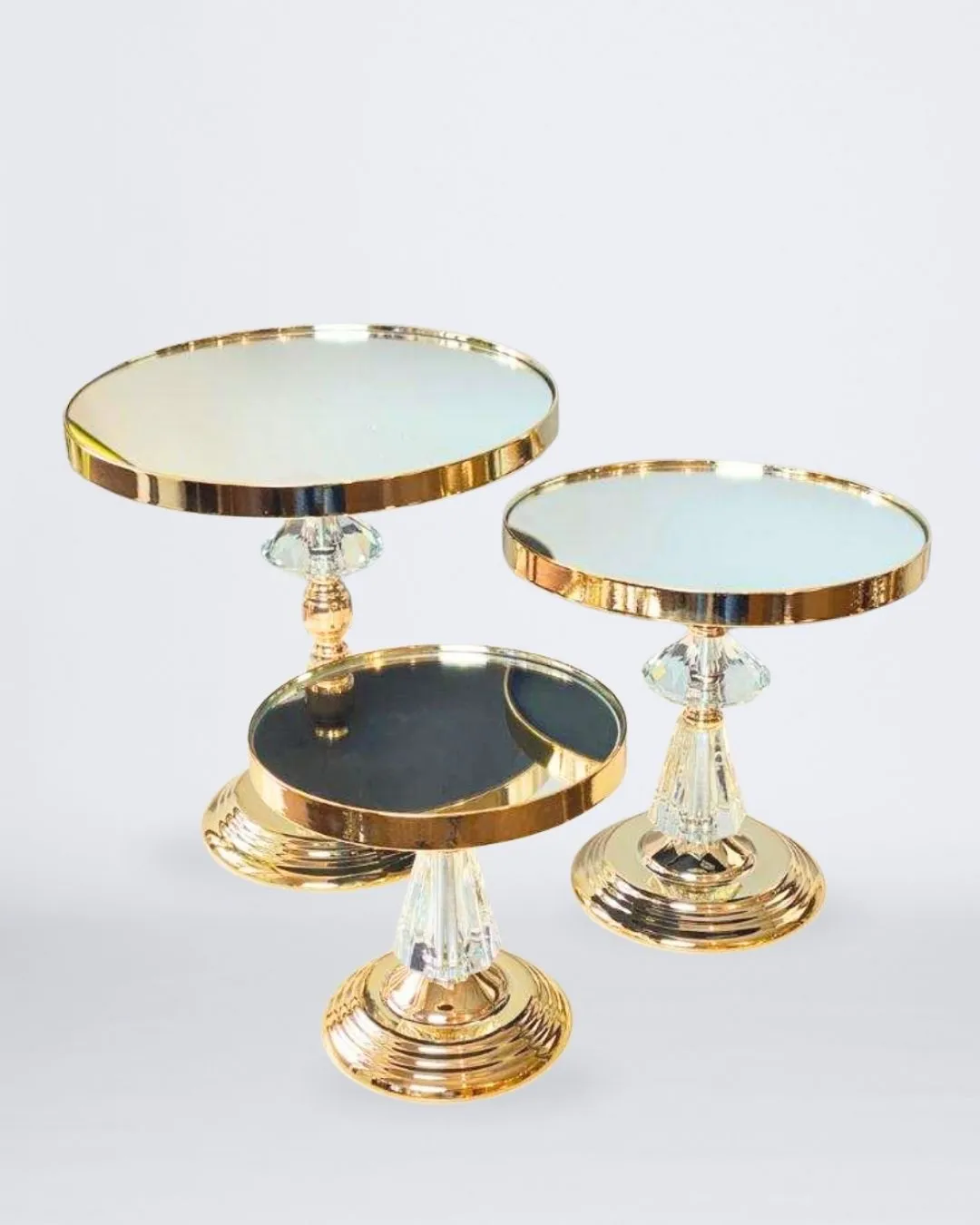 SET X3 BASE DE PASTELES DORADAS DE METAL CON ESPEJO Y CRISTAL