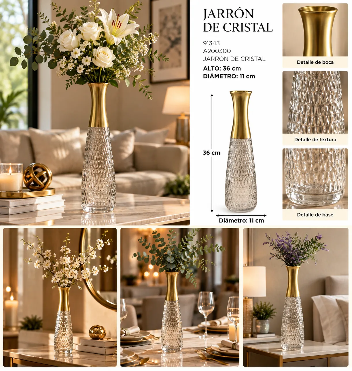 JARRON DE CRISTAL TEXTURIZADO CON CUELLO DORADO - imagen 4