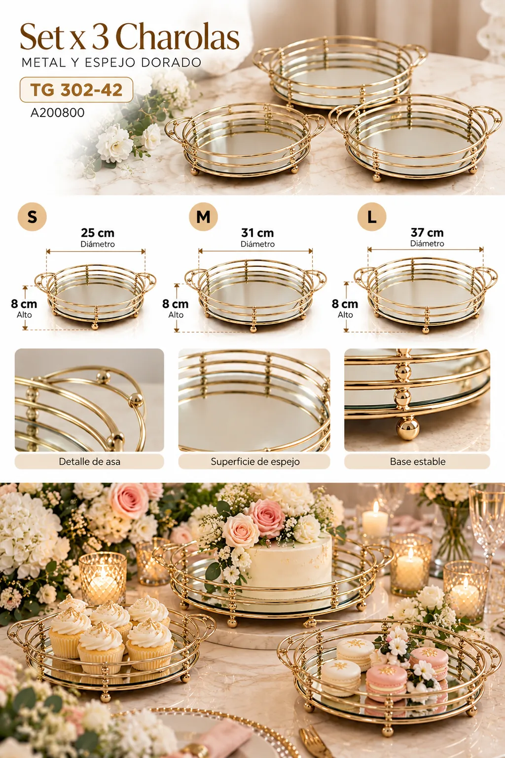 SET DE 3 CHAROLAS METAL Y ESPEJO DORADO TG 302-42 - imagen 3