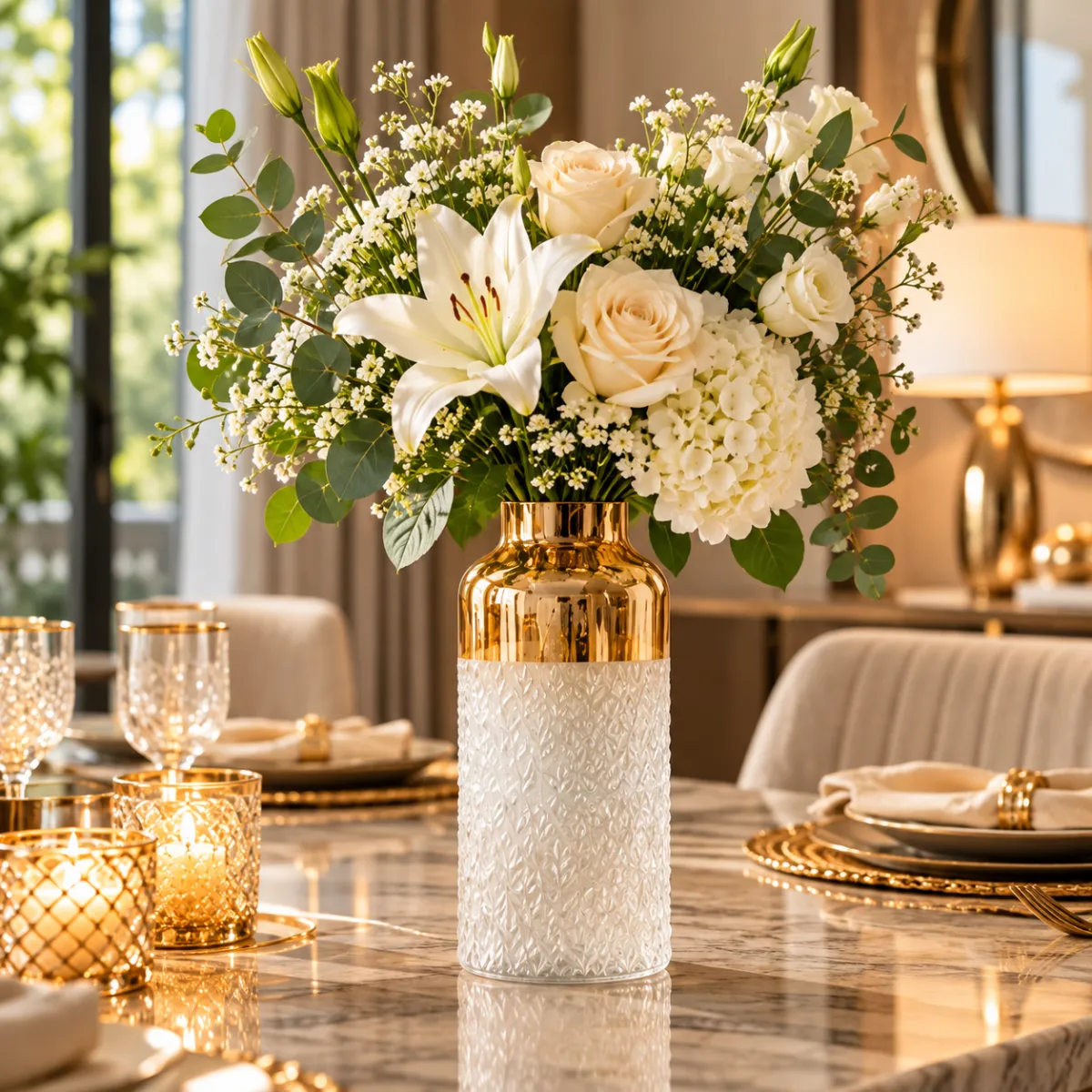FLORERO DE CRISTAL BLANCO TEXTURIZADO CON DETALLE DORADO - imagen 3