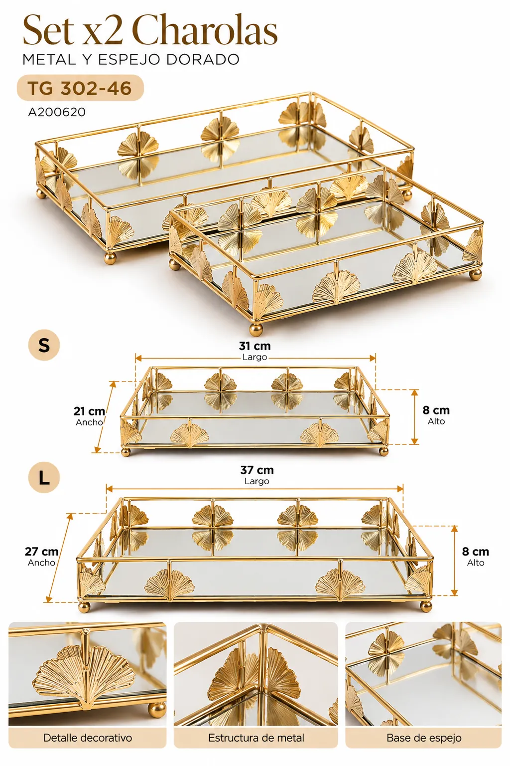 SET DE DOS CHAROLAS DE METAL CON ESPEJO Y FLOR - imagen 2
