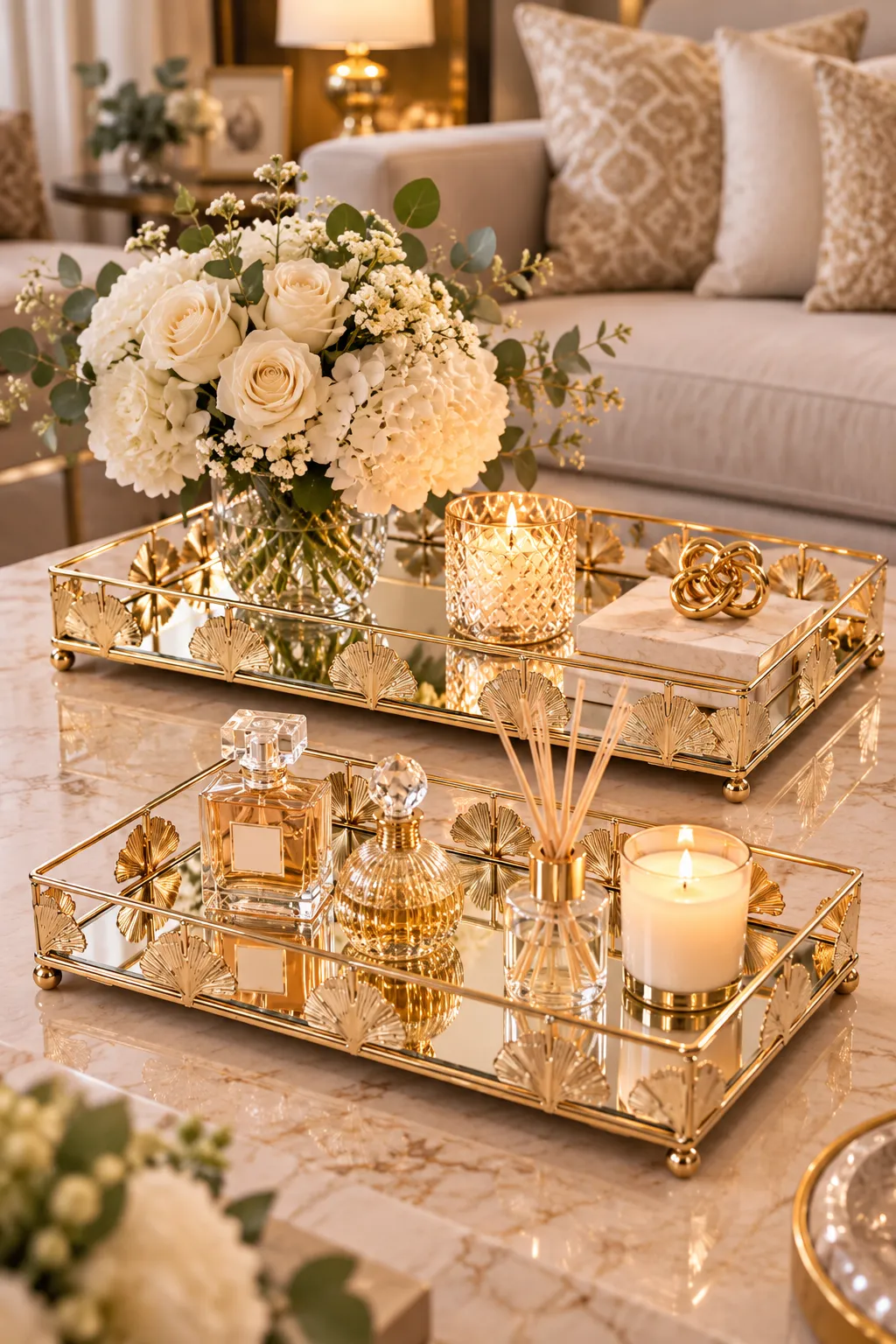 SET DE DOS CHAROLAS DE METAL CON ESPEJO Y FLOR - imagen 3